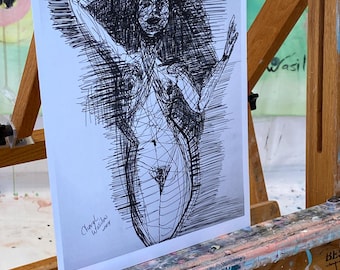 Pen and ink drawing print of woman without clothing, drawing of female body, torso, face. Black and white print by Cheryl Wasilow