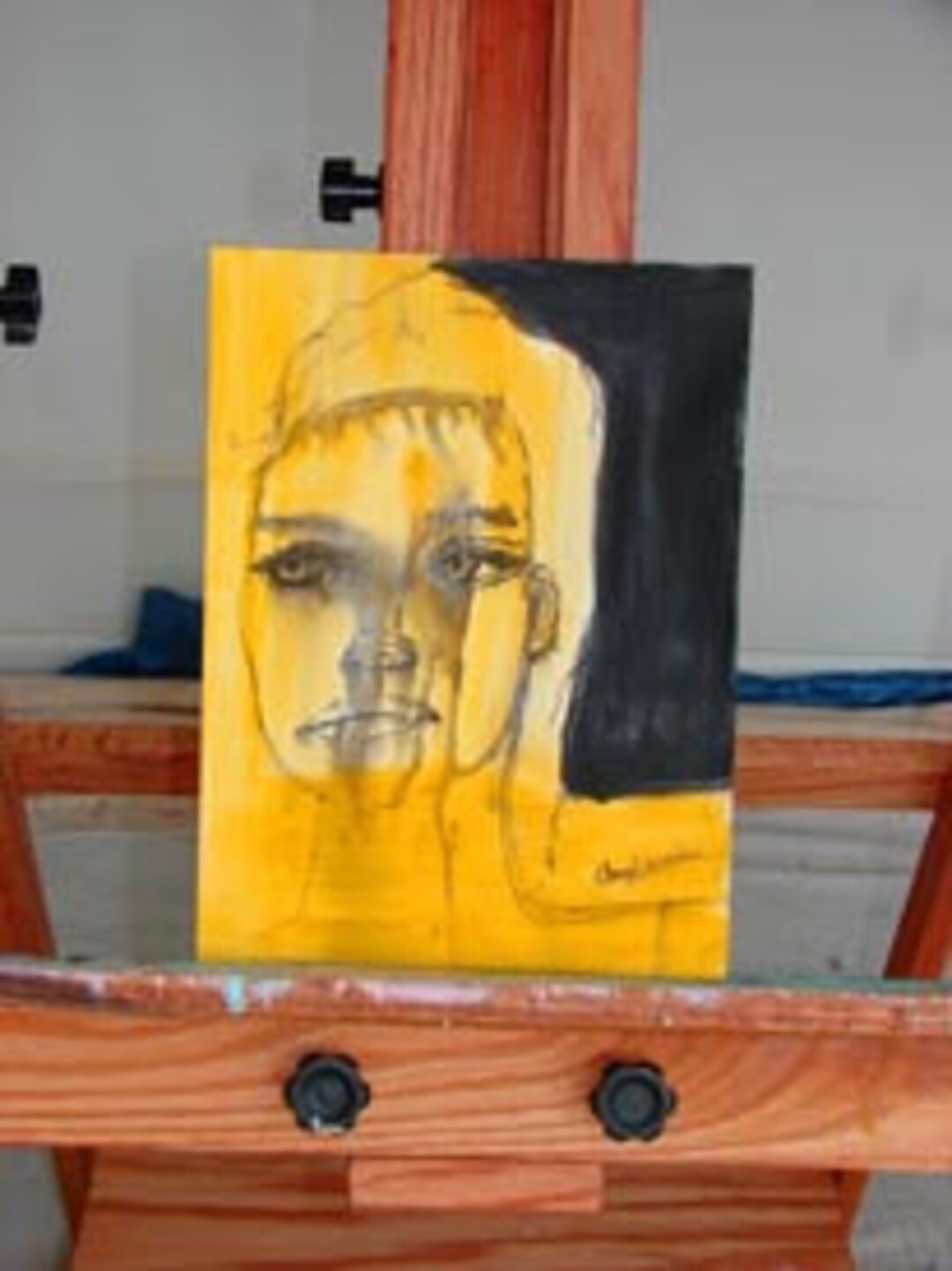 Black and Yellow Original Painting of Woman's Face 9 X 12 on Paper by