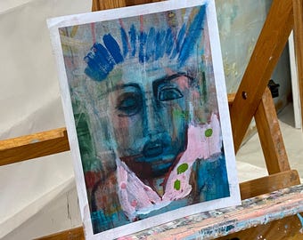 Embellished Art Print: Abstract Woman Portrait, Acrylic Mixed Media, Grunge Decor by Cheryl Wasilow