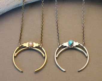 Geometric crescent gemstone necklace in silver or gold- short- with turquoise, amazonite, moonstone or peach moonstone-