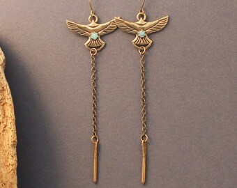 Acanthis bird earrings in sterling silver or brass with prong set gemstones- long