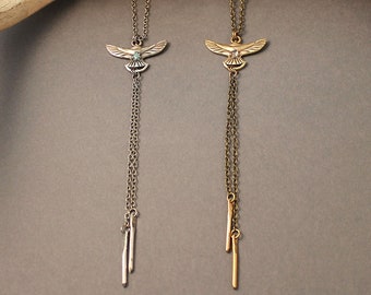 Acanthis bird necklace in sterling silver or brass with gemstone- bolo style