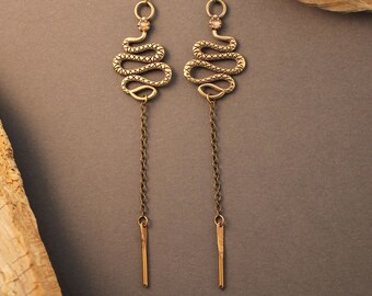 Snake Manasa earrings in sterling silver or brass with prong set gemstones- long