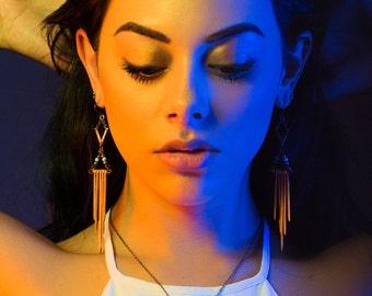 Sweet Marie brass fringe earrings with turquoise- brass statement fringe earrings