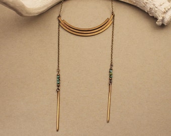 Stevie brass arc ladder necklace with turquoise- modern, minimal boho gold tone ladder necklace