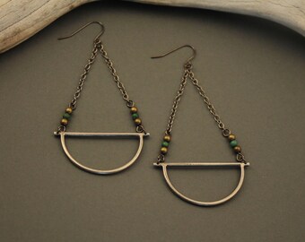 Amulet sterling silver earrings with turquoise and brass beads and gunmetal chain