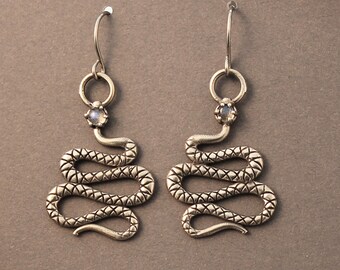 Snake Manasa earrings in sterling silver or brass with prong set gemstones- short