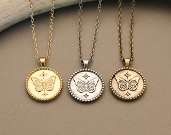 Butterfly necklace / Coin necklace / Silver medallion necklace / Gold medallion necklace / Insect jewelry /  Boho jewelry / Butterfly