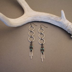 Modern turquoise fringe earrings geometric circle earrings in silver or brass image 2