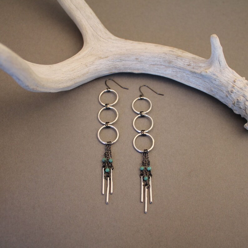 Modern turquoise fringe earrings geometric circle earrings in silver or brass image 2