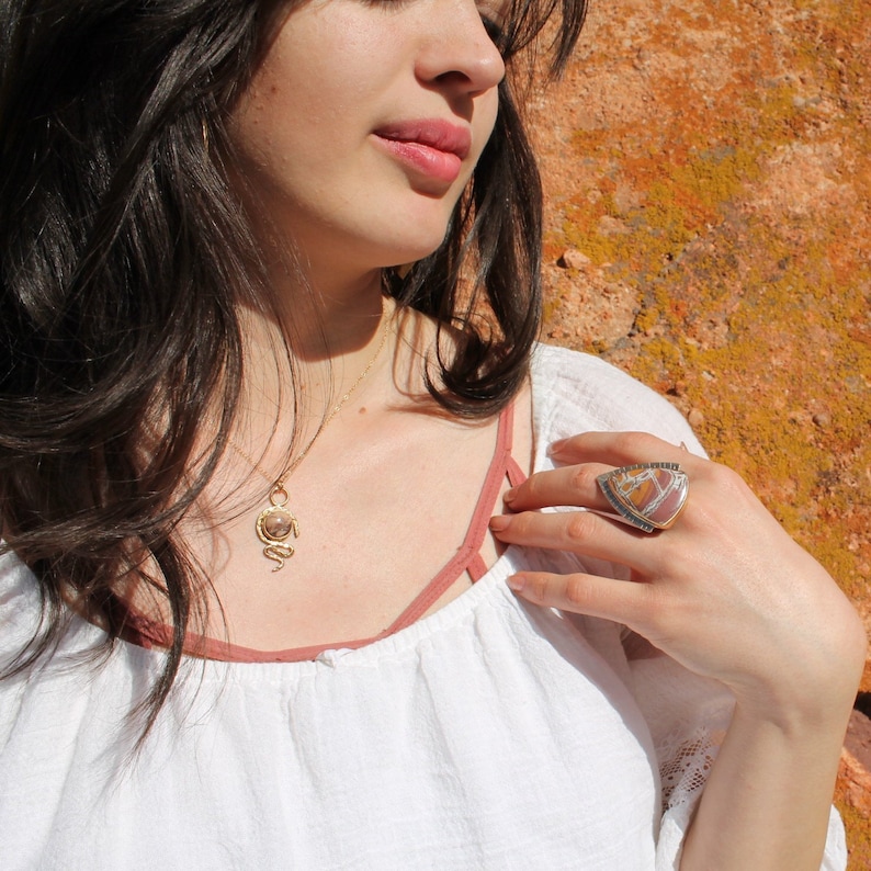 Winter in the Desert #13 Gold snake necklace with Dendritic Jasper