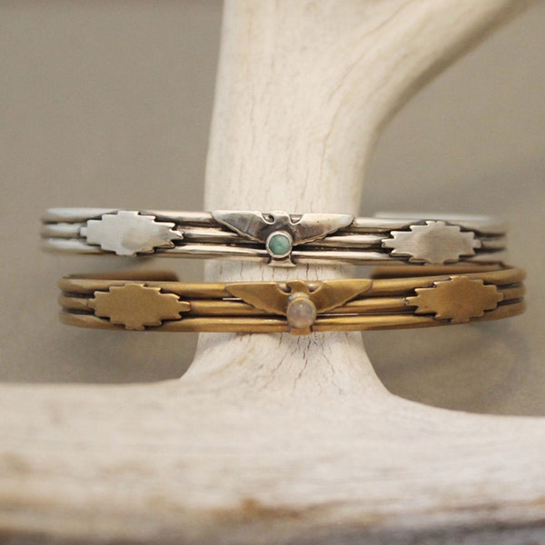 Thunderbird cuff / Gold cuff / Southwest jewelry / Silver cuff / Moonstone bracelet / Turquoise cuff bracelet / Stone cuff / Bird jewelry