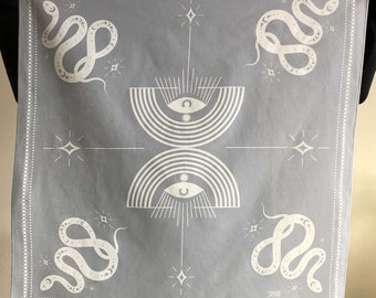 Snake + eye bandana / Bandana / Gray bandana / Illustrated bandana / Custom bandana / Evil eye bandana / Boho bandana / Southwest