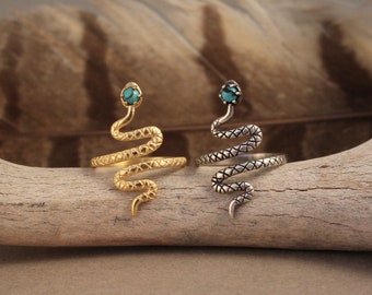 Snake adjustable gemstone ring in gold or sterling silver with Turquoise