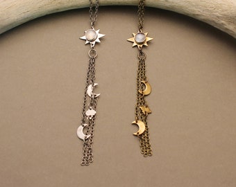 Luna + estrellas Collar con flecos de piedra lunar en plata u oro