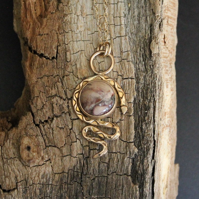 Winter in the Desert #13 Gold snake necklace with Dendritic Jasper