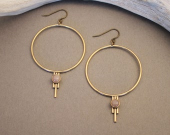 Modern circle peach Moonstone minimalist statement earrings in silver or gold