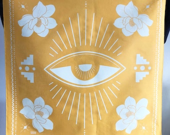 Flower + eye bandana / Bandana / Gold bandana / Illustrated bandana / Custom bandana / Magnolia bandana / Boho bandana / Southwest