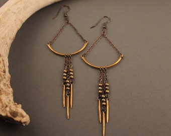 Oracle brass fringe chandelier earrings with pyrite and gunmetal- minimalist boho statement earrings