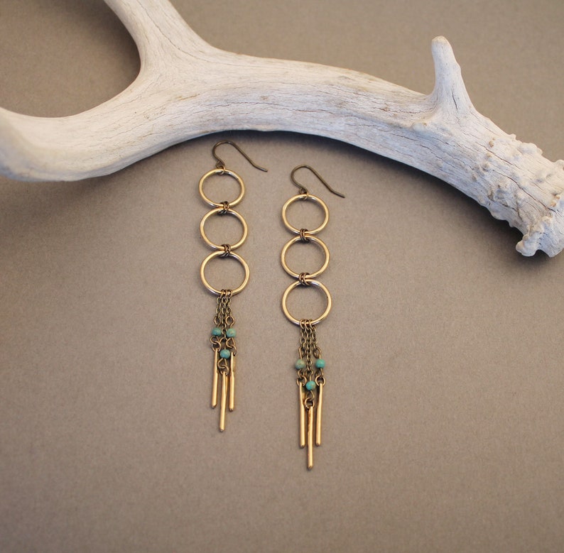 Modern turquoise fringe earrings geometric circle earrings in silver or brass image 3