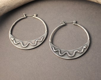 Snake crescent hoop earrings in sterling silver or brass
