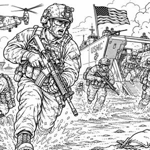 Könnte beinhalten: Eine schwarz-weiße Strichzeichnung, die eine militärische Landung am Strand darstellt. Soldaten in taktischer Ausrüstung und Helmen tragen Gewehre, während sie durch das Wasser auf das Ufer zugehen. Ein Landungsboot mit USMC-Text ist zu sehen.