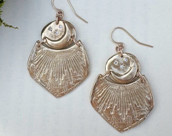 Bronze Moon and Sun Earrings with Cubic Zirconia Sparkles - “Sunrise”