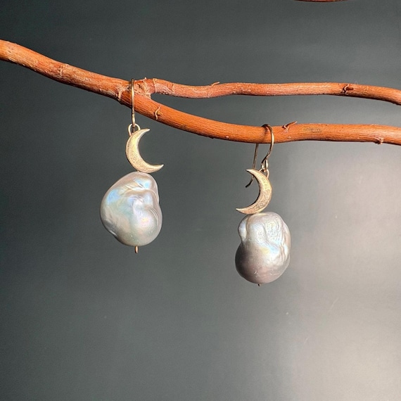 Dove grey baroque pearl and moon earrings