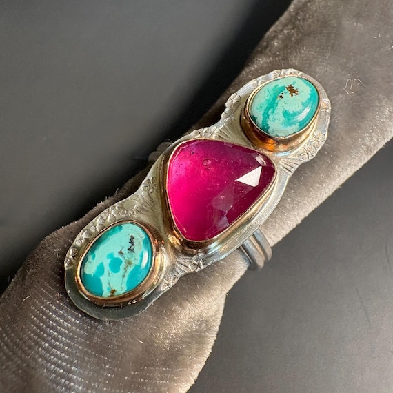 Pink sapphire,  turquoise, sterling silver and bronze ring