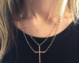 Be Still Cross Necklace in Gold Vermeil and labradorite
