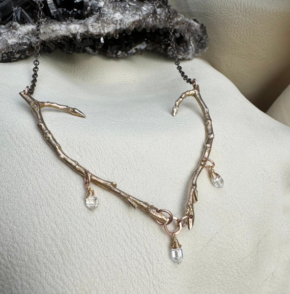 Bronze aspen twig and crystal quartz necklace-"Morning Dew"