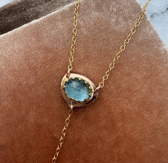 Aquamarine, bronze and gold Y necklace-The Fjord necklace