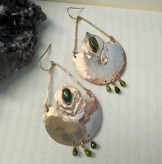 Green tourmaline and bronze earrings-"First Flourish"