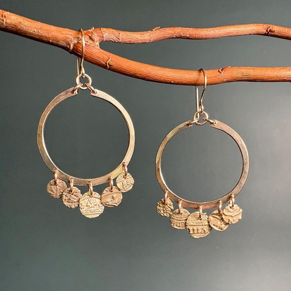 Handmade Bronze Hoop Earrings with CZ-Studded Coin Charms - The Gale Hoop(small)