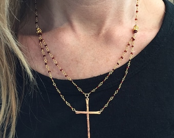 Be Still Cross Necklace in Gold Vermeil and Garnet