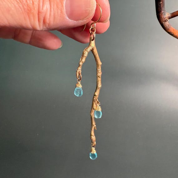 Bronze aspen twigs with apatite drops earrings “Spring Thaw”