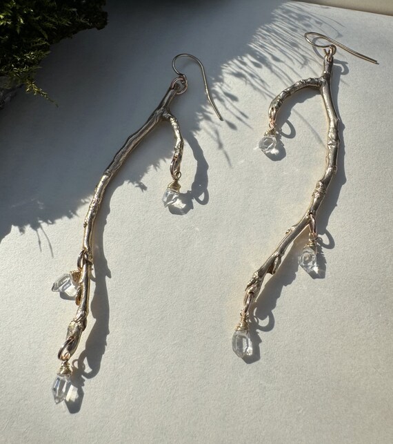 Bronze aspen twigs with double terminated crystal quartz earrings-"Morning Dew"