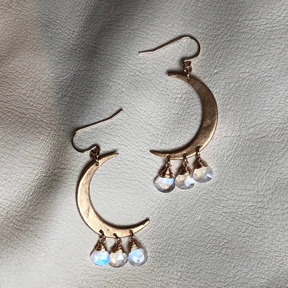 Crescent Moon Earrings in Bronze and Rainbow Moonstone
