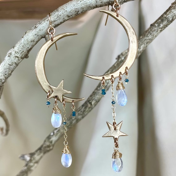 Night Swimming Crescent Moon and Stars Earrings in Bronze with Moonstone and Blue Diamonds