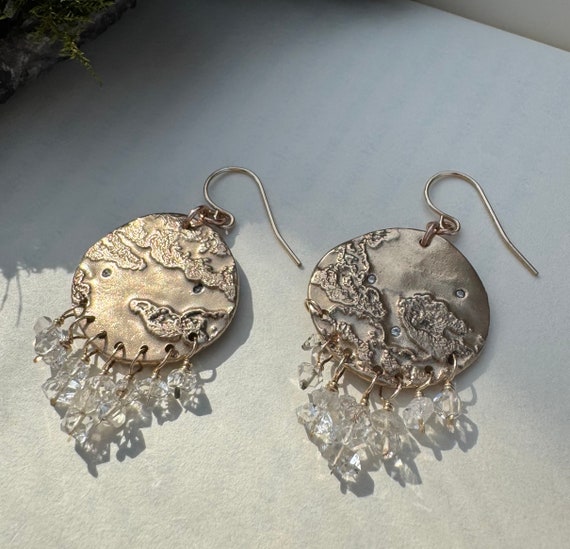 Bronze Cloud Earrings with Cascading Quartz Fringe-"Spring Rain"