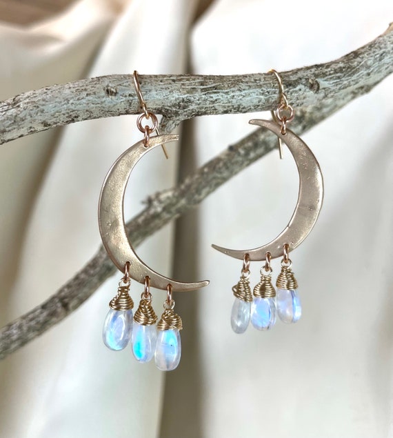 Crescent Moon Earrings in Bronze and Rainbow Moonstone