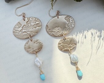 Bronze Cloud Earrings with Pearl and Turquoise-"Nimbus"