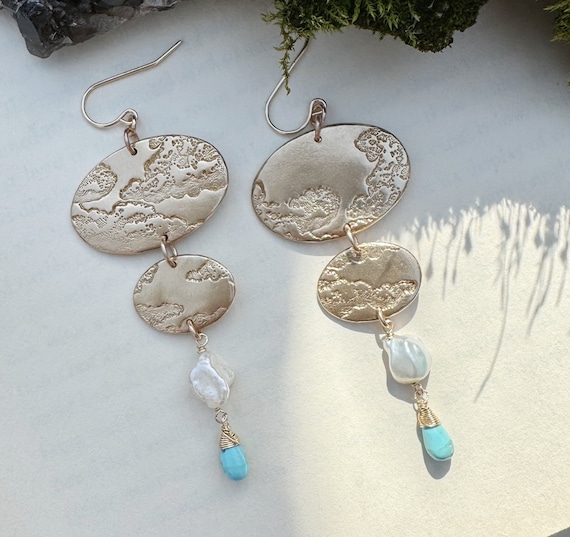 Bronze Cloud Earrings with Pearl and Turquoise-"Nimbus"