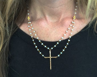 Be Still Cross Necklace in white pearl and bronze