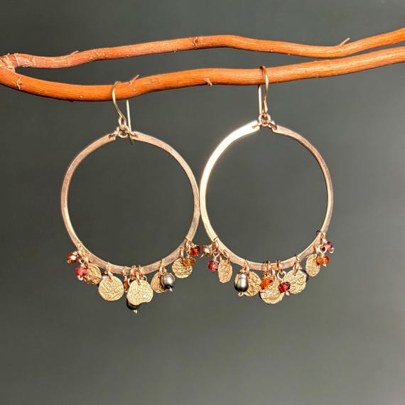 Bronze, tundra sapphire and pearl hoop earrings-The Gale