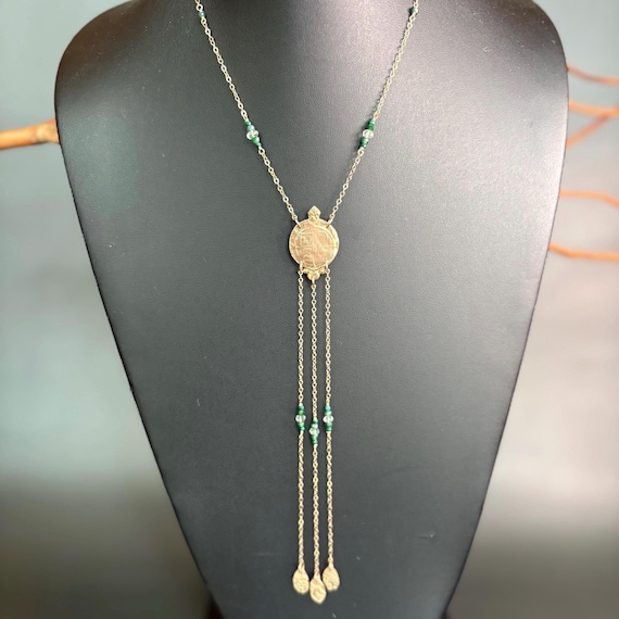Catherine Fringe Necklace in gold and bronze with green gemstones