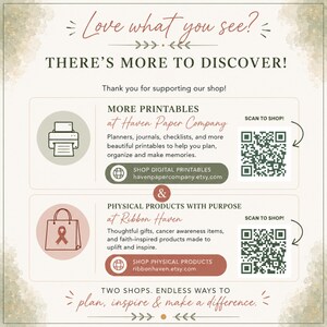 May include: A promotional graphic with the text Love what you see? THERE'S MORE TO DISCOVER! featuring two sections. The top section lists Haven Paper Company with a printer icon and QR code. The bottom section lists Ribbon Haven with a shopping bag icon and QR code. The text reads TWO SHOPS. ENDLESS WAYS TO plan, inspire & make a difference.