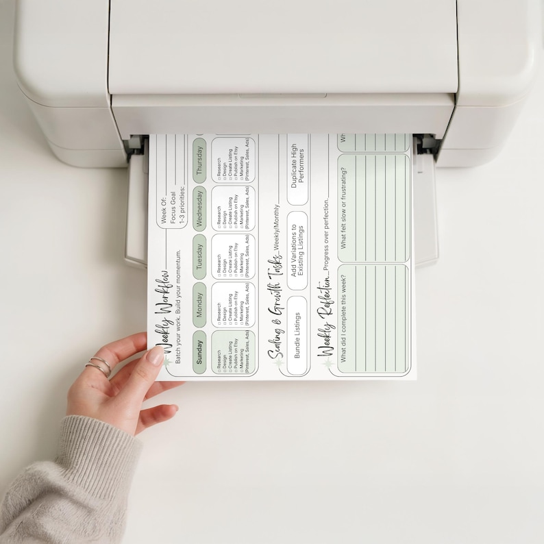 May include: A white printer outputting a paper planner page titled Weekly Workflow. The document features sections for daily tasks, scaling and growth tasks, and a weekly reflection, with light green accents and black text throughout.