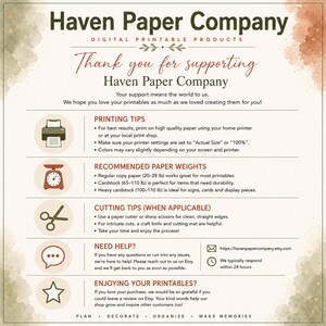 May include: An informational instruction sheet from Haven Paper Company for digital printable products. It includes sections on printing tips, recommended paper weights in pounds, cutting tips, help contact information, and a request for reviews.