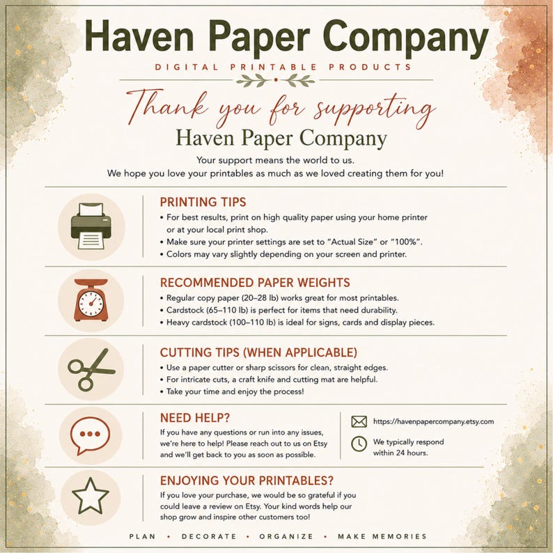 May include: An informational instruction sheet from Haven Paper Company for digital printable products. It includes sections on printing tips, recommended paper weights in pounds, cutting tips, help contact information, and a request for reviews.